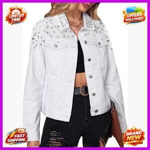 Oversized Embellished Denim Jacket Women Vintage Western Trucker Relaxed Fit